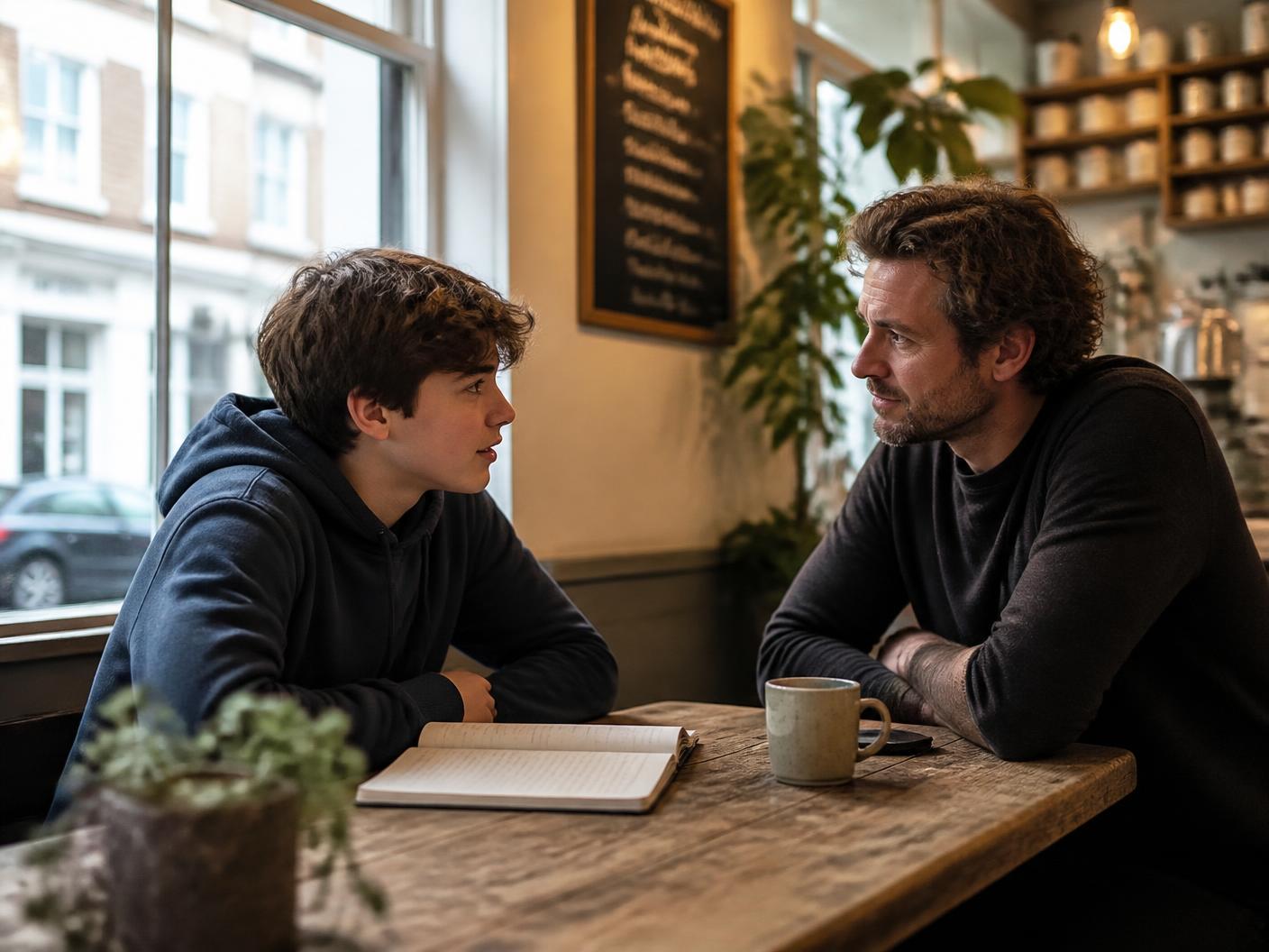 A RESTA Specialist and young person talking over a table in a quiet cafe