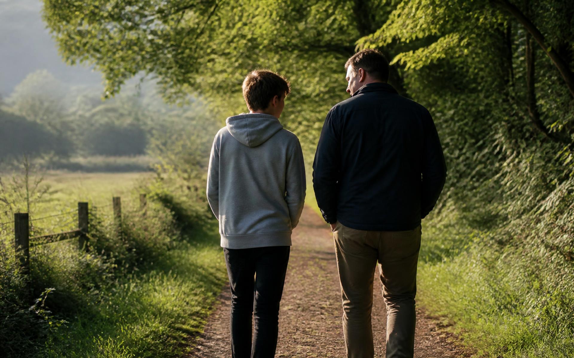 A RESTA Specialist walking and talking with a young person along a woodland path